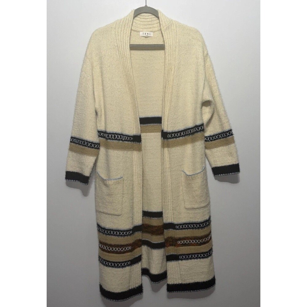 THML Womens Cardigan Sweater Open Front Ivory Longline Boho Fuzzy Medium